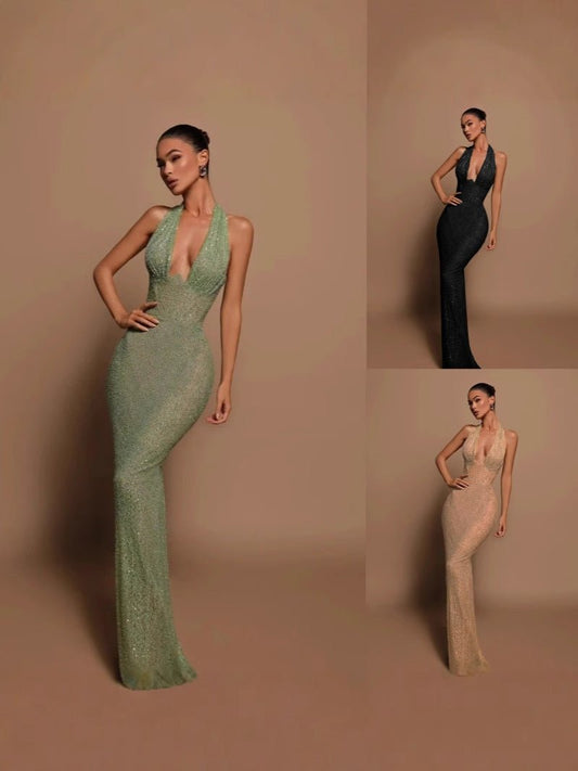 Sequin Halterneck Evening Dress - Velvette Muse